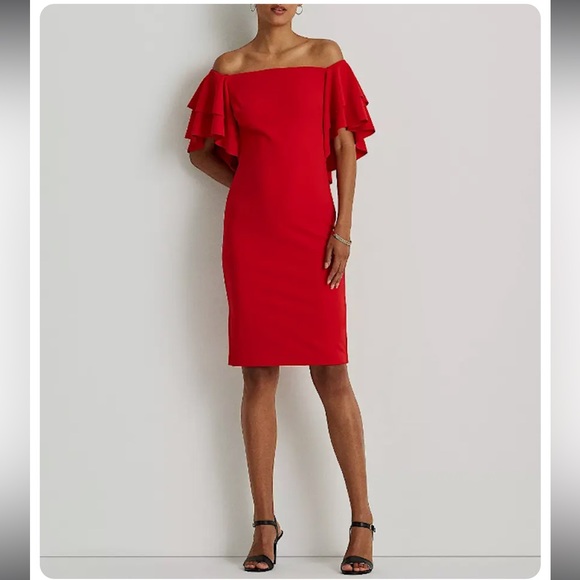 Lauren Ralph Lauren Women Red Crepe Off-the-Shoulder Cocktail Dress Size 2, NWT - Picture 2 of 4